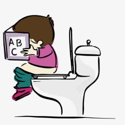 卡通手绘上厕所看书的儿童素材