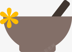 米黄色捣药碗花朵咖啡色扁平捣药碗高清图片