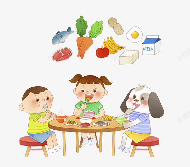 吃饭的小孩png免抠素材_88icon https://88icon.com 卡通 可爱的 吃饭的 坐在餐桌前 小朋友一起吃饭 小狗 手绘 挑食的 盛粥 食物 饭桌