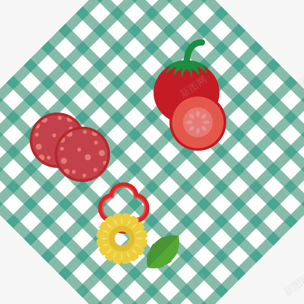 卡通桌布上的食材png免抠素材_88icon https://88icon.com 格子桌布 绿色桌布 背景装饰 西红柿 食材 食物