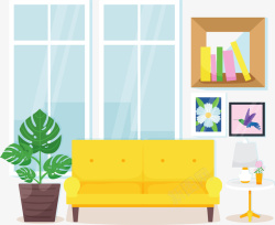 客厅装修黄色沙发客厅盆栽矢量图高清图片