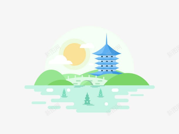 APP旅游元素png免抠素材_88icon https://88icon.com 三潭印月 塔 树木 西湖插画 西湖美景