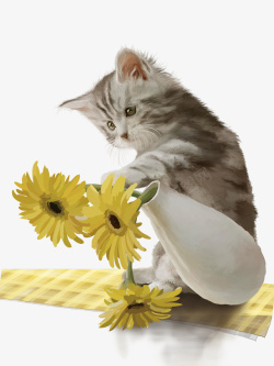 黄色桌布卡通手绘猫咪菊花装饰高清图片
