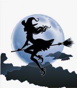扫把女巫万圣节女巫月亮黑云高清图片