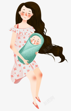 手绘人物插图妈妈抱着熟睡的孩子素材