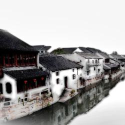 江南传统建筑小河岸边风景背景素材
