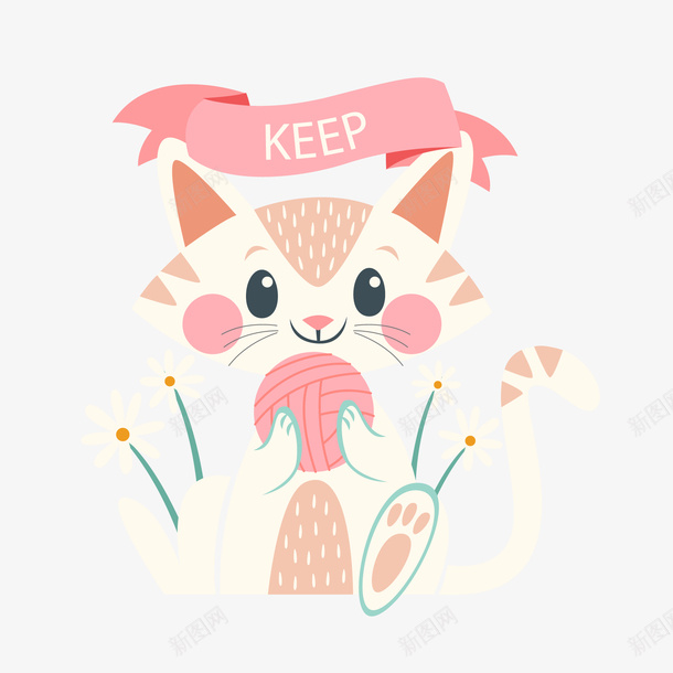 可爱抱线团的微笑猫咪矢量图ai免抠素材_88icon https://88icon.com 动物设计 卡通 可爱 图案 宠物 毛线团 猫咪 矢量图