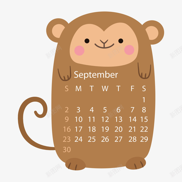 咖啡色猴子动物2018年9月日历矢量图ai免抠素材_88icon https://88icon.com 2018年 9月 动物 动物日历 咖啡色 日历 猴子 矢量图