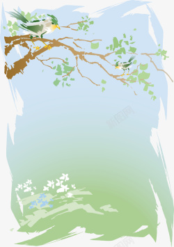 清新插画树枝叶与黄鹂鸟素材