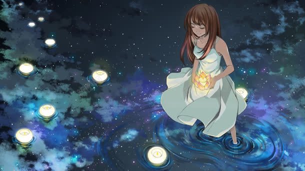 湖上放花灯的女孩动漫海报背景背景