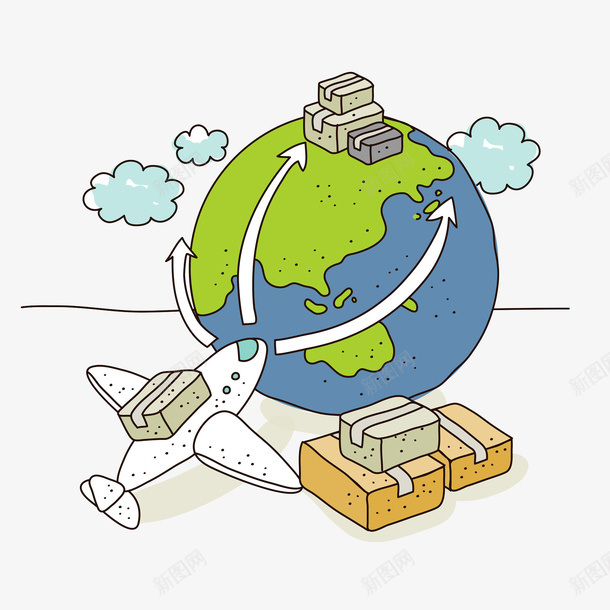 全球航空运输插画png免抠素材_88icon https://88icon.com 云彩 交通方式 全球航空运输插画 旅途 空运工具 箭头 飞机