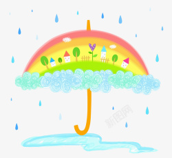 彩虹雨滴手绘彩色雨伞彩虹高清图片