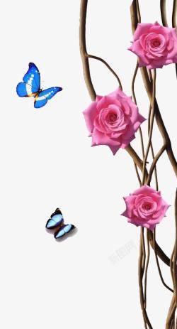 手绘玫瑰树与蝴蝶背景装饰素材