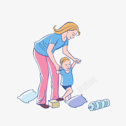 卡通枕头低头扶着孩子学走路的妈妈高清图片
