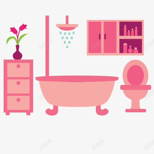 扁平化粉色少女新浴室png免抠素材_88icon https://88icon.com 卡通浴室 喷头 少女心 收纳柜子 洗浴用品 浴缸 淋浴间 粉色 花瓶 马桶