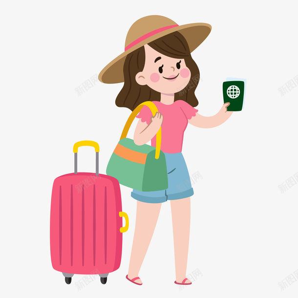 一个拿着行李和护照的女人矢量图ai免抠素材_88icon https://88icon.com 出差 商务 商旅 护照 旅行 机票 行李箱 矢量图