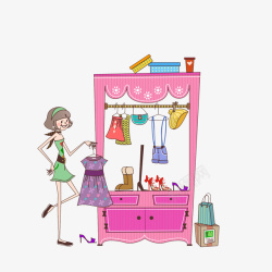 卡通拿着衣服站在衣柜旁的女孩素素材