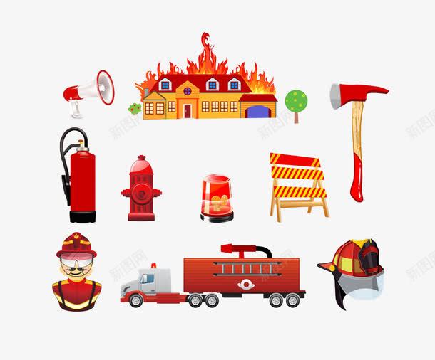 卡通消防工具png免抠素材_88icon https://88icon.com 喇叭 护栏 救护车 消防员 消防工具 着火的房子