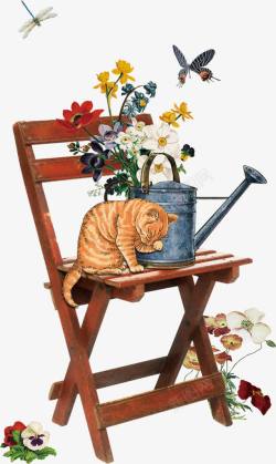 在椅子上花丛中悠闲黄色的猫咪高清图片