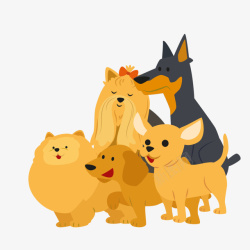 黄色狗狗卡通手绘站立的一群狗狗高清图片