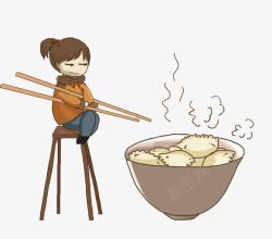 卡通坐在凳子上吃饺子的女孩素材