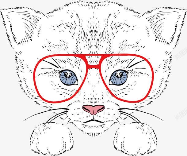 素描猫咪png免抠素材_88icon https://88icon.com 动物 可爱 矢量爪子 粉红鼻子 素描 红色眼镜框 胡须