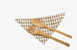 格子餐布上的勺子和叉子素材
