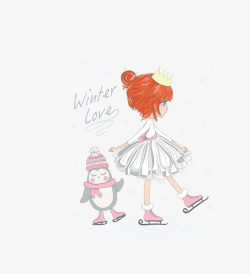 彩色冬季小雪人小女孩素材