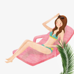 粉色比基尼卡通手绘夏日沙滩上休息的女高清图片