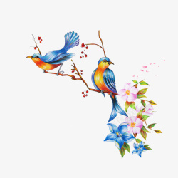 花卉与小鸟枝干上的喜鹊水彩图高清图片