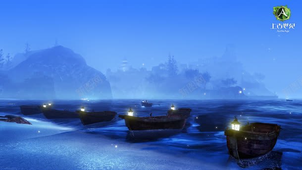 蓝色宁静夜晚海边渔船微光背景