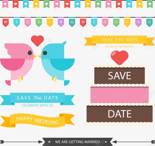 结婚派对装饰png免抠素材_88icon https://88icon.com 三层蛋糕 亲吻小鸟 彩色彩带 派对彩旗 矢量素材