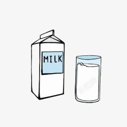 两瓶牛奶盒卡通手绘盒装奶和一杯牛奶高清图片