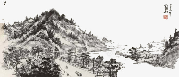 水墨乡村png免抠素材_88icon https://88icon.com 乡村 大山 水墨 水墨乡村 水墨画 河道 道路 黑白灰