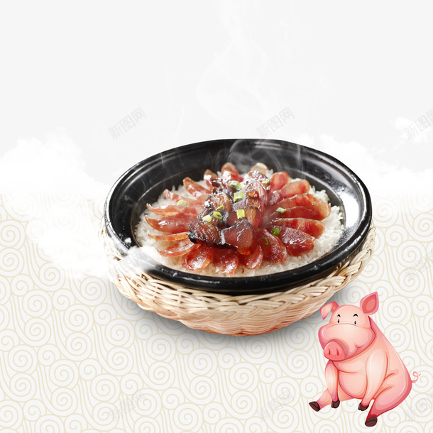 古风美食飘香的腊肉饭装饰psd免抠素材_88icon https://88icon.com 中国风 卡通猪 四川腊肉 白色香气 腊肉饭 花纹背景 飘香迷人