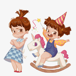 节日礼帽骑木马的小女孩和生气的小女孩高清图片