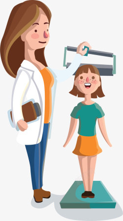 儿科医生与病人给女孩量身高的医生矢量图高清图片