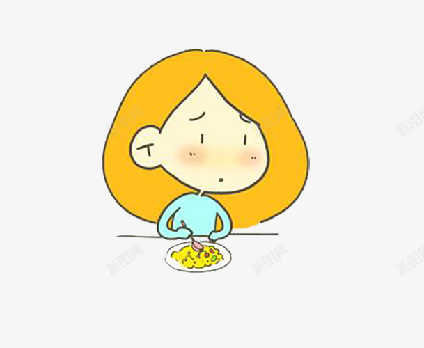 不想吃饭的小女孩png免抠素材_88icon https://88icon.com 吃饭表情 害怕的人 小桌子 盘子 红红的脸蛋 蓝色上衣的女孩 装着食物 金色的头发的女孩