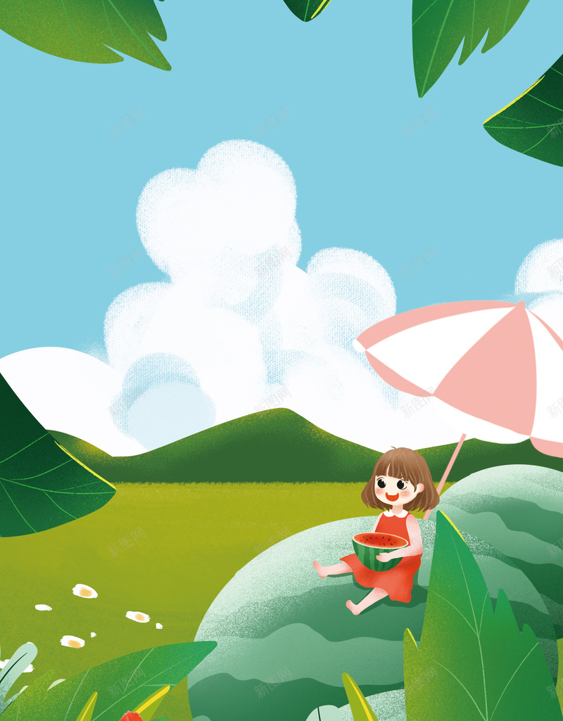 手绘小姑娘吃瓜背景图psd设计背景_88icon https://88icon.com 云团 叶子点缀 太阳伞 小姑娘 山 草地 蓝天 西瓜