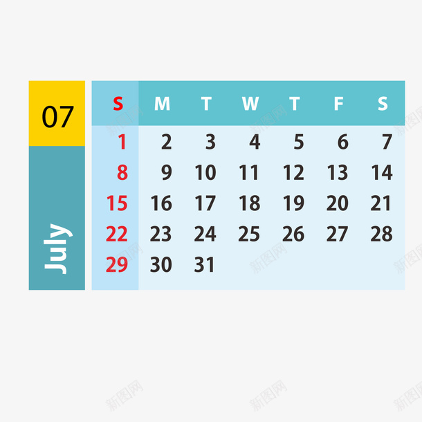 蓝黄色2019年7月日历矢量图ai免抠素材_88icon https://88icon.com 2019年 7月 7月日历 矢量图 红色 蓝色 蓝黄 黄色