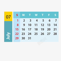 7月日历蓝黄色2019年7月日历矢量图高清图片
