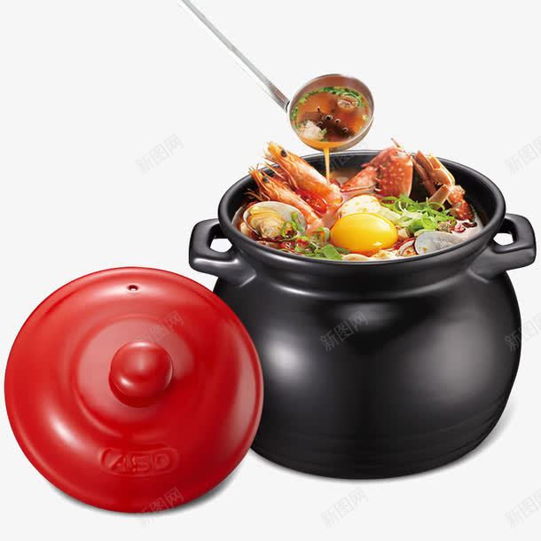 煲着海鲜汤的砂锅png免抠素材_88icon https://88icon.com 产品实物图 勺子 海鲜汤 砂锅 红色盖子