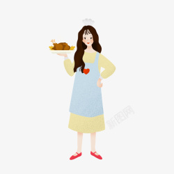 美女厨娘手绘卡通手托火鸡腿美女厨师高清图片