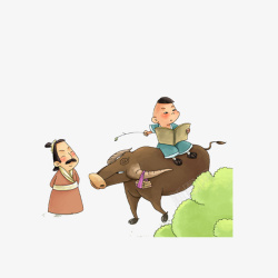 卡通骑在牛背上看书的古代小孩素素材