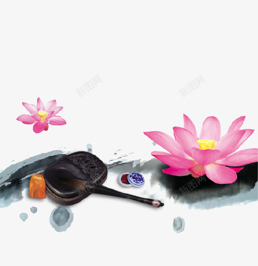 中国风水墨莲花插画psd免抠素材_88icon https://88icon.com 中国风 毛笔 水墨 砚台 花朵 莲花 装饰图案