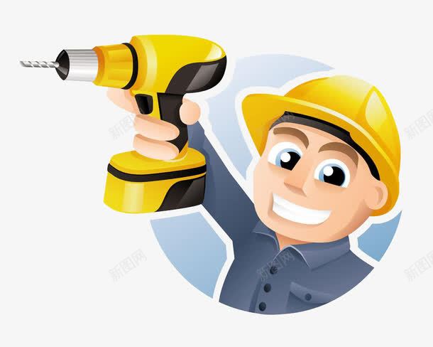 拿电动工具的工人png免抠素材_88icon https://88icon.com 卡通工人 卡通漫画人物 安全帽 建筑工人 瓦工 职业男性