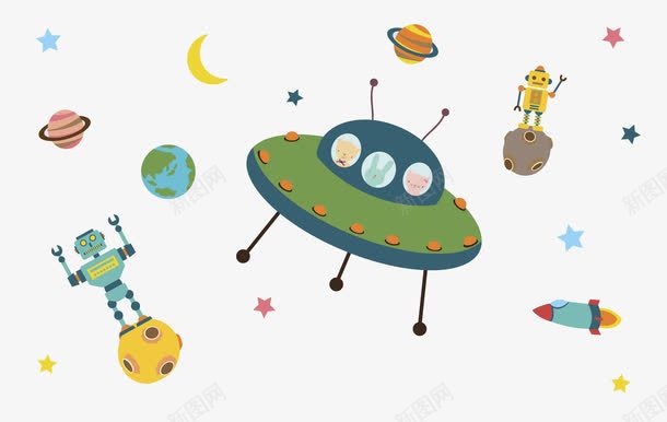蓝绿色的太空外星飞船png免抠素材_88icon https://88icon.com 创意 卡通 地球 外星人 外星飞船 多彩 太空 手绘 月亮