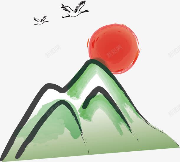 古典山水画png免抠素材_88icon https://88icon.com 大雁 景色 红日 高山