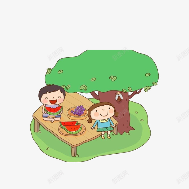 在树下乘凉吃西瓜的小孩子png免抠素材_88icon https://88icon.com 在树下乘凉吃西瓜的小孩子 树上的知了 树下的人