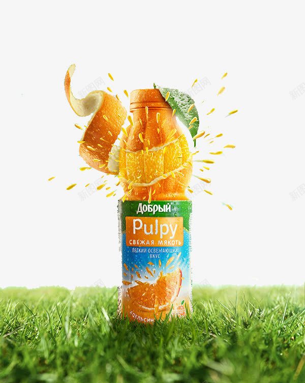 果粒橙png免抠素材_88icon https://88icon.com 果粒橙海报素材 橙子皮 草坪 颗粒 飞溅 饮料瓶子
